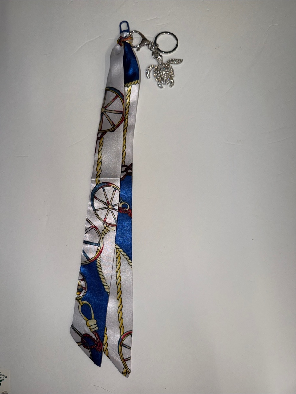 Blue and White Nautical Scarf Keychain with Silver Charm
